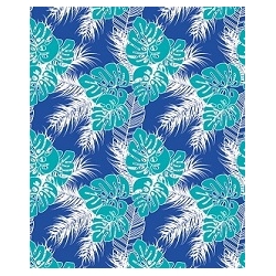 Bobina de papel de regalo, celulosa blanca con hojas tropicales en turquesa y azul. Bobina de 70x100 mtr.