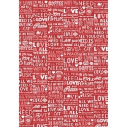 Bobina de papel de regalo, celulosa blanca fondeado en rojo con letras en blanco. Bobina de 70x100 mtr.