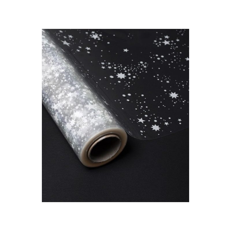 Bobina de celofán transparente. Gran lunar blanco. 70 cms x 50 m